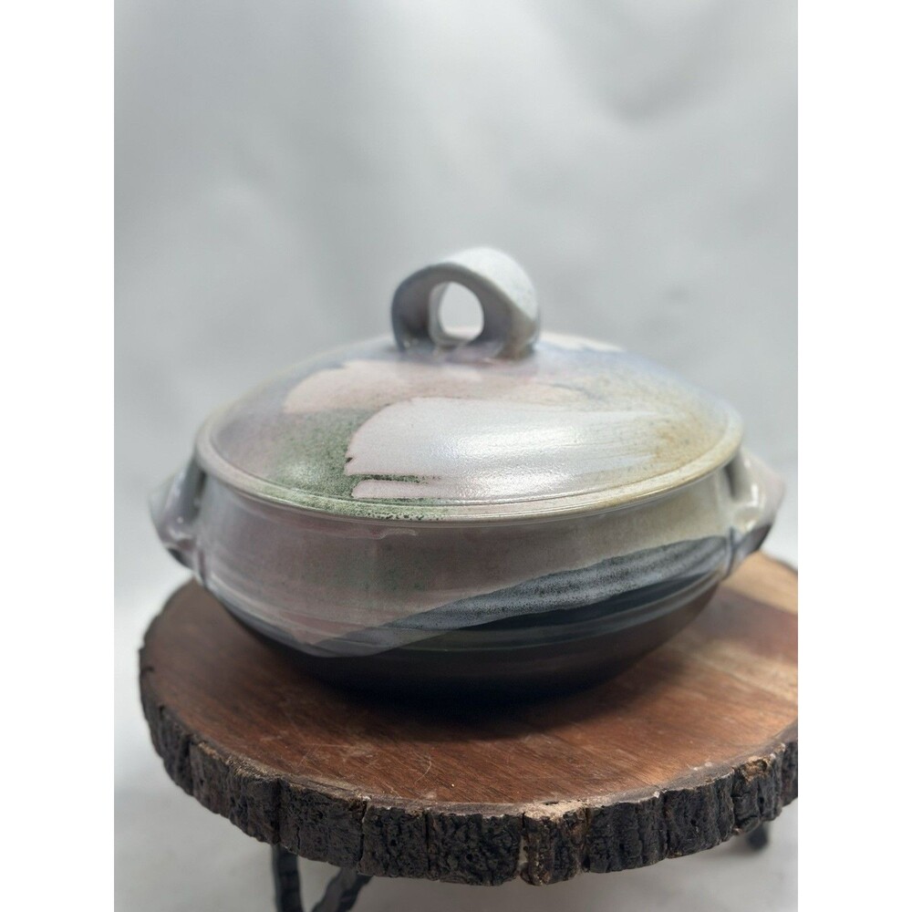 Pottery Casserole Handmade Signed Lidded Bean Pot Baking Glaze